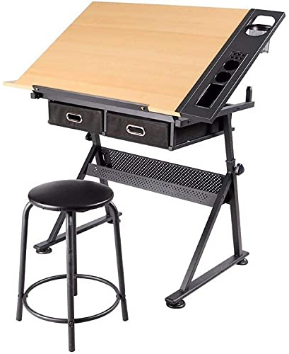 costoffs Craft Table Tilt Top Double Drawers Height Adjustable Stool Wood