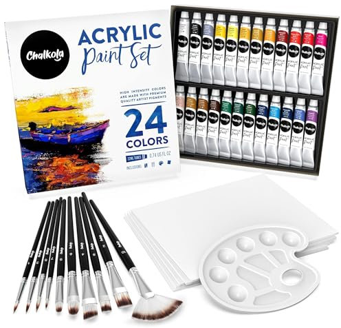 Chalkola 40 Acrylic Paint Set for Adults & Kids with 24 Acrylic Paints kit (22ml), 10 Painting Brushes, 5 Canvas for Painting (8x10) & 1 Palette