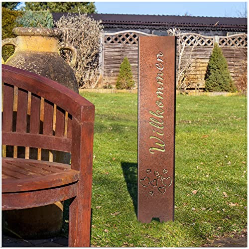 teileplus24 GS01 Willkommen Gartenstecker Gartenschild | Kupfer Antik Garten Deko | 3D Abkantung | 120cm x 21cm