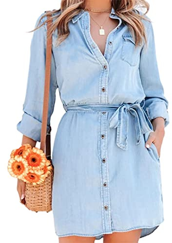 FeMereina Women's Long Sleeve Blouse Jean Dress Denim Shirt Dresses Button Down Chambray Waist Ties Tunic Mini Dress with Pockets (Light Blue, Large)