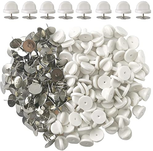 Ruidee 200Pcs/100 Paare Tie Tack Pin Backs mit Blank Pins, Bindungs Heftklammer Kupplungs Schmetterlings Gummibolzen Rückseiten Halter Wiedereinbau （Weiß）