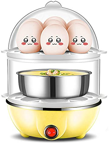 Pssopp 350 W 2 Strati 14 capacità Uova Cuociuova Elettrico Cuociuova Rapido Spegnimento Automatico, Cuociuova per Uova Sode Cuociuova Elettrodomestici Speciali (Doppio Strato Giallo)
