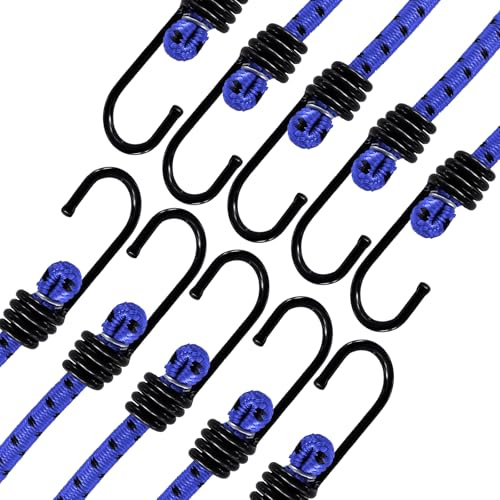 ANSIO Bungee Cords with Hooks 24 (60cm) Pack of 10 UV-Resistant Elastic Straps Ideal for Securing Luggage, Racks, Camps, Motorcycle, Tarps, Garden Furniture, Hand Truck, DIY Storage - Blue