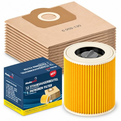 Alaskaprint 12 Stück Staubsaugerbeutel + 1x Filter Ersatz für Kärcher WD3 Filter und Kärcher WD3 Beutel, Kompatibel mit 6.414-552.0 und 6.959-130.0, für optimale Reinigung & Langlebigkeit