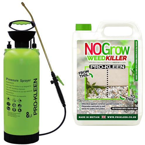 Pro-Kleen NOGrow Weed & Moss Killer 5L - Double Strength, Glyphosate Free, Kills Moss, For Annual and Perennial Weeds, Eco-Friendly, Organic, Children and Pet Safe Once Dry with 8L Garden Pump Sprayer