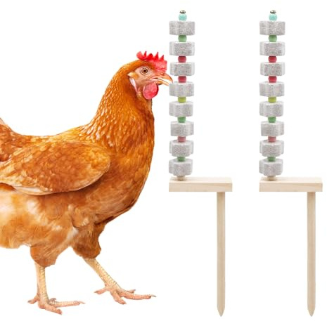 Dnoifne 2 Pack Chicken Chewing Toy, Chick Beak Grinding Calcium Stone with Wood Stake, Chicken Cage Accessories, Cage Toys for Cockatiel Parakeet Parrot Budgies Rat Hamster Rabbit Bunny African Grey