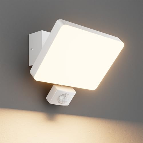 K-Bright Außen Wandleuchte mit bewegungsmelder Weiß | Warmes Licht aussenlampe mit bewegungsmelder aus Aluminium, 24W IP65 wasserdicht außenleuchte für Balkon, Garage, Garten