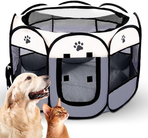 Welpenlaufstall, Laufstall Faltbarer Für Haustiere 74x74x43cm, Tragbarer Welpenauslauf Katzengehege, Katzenkäfig Hundezelt, Ideal Pets Auslauf Für Katzen Hunde Hasen Kleintiere (Grau)