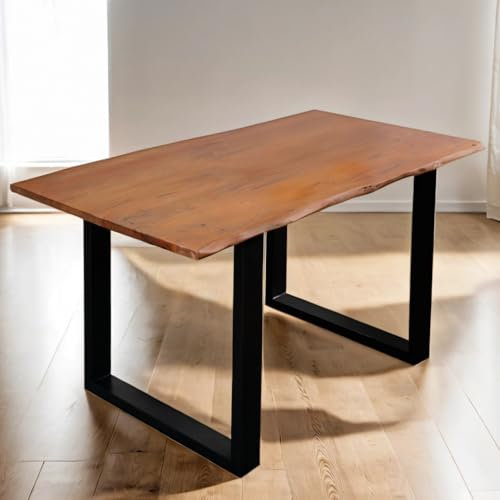 trelevo Esszimmertisch 160x85 cm, Akazienholz massiv 26mm, Tischplatte nussbaumfarben, echte Baumkante, U-Gestell schwarz, Baumkantentisch