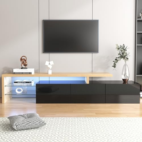 Merax TV Schrank, TV Lowboard mit LED-Beleuchtung, Moderner Fernsehtisch mit Glasregal, TV Tisch für Wohnzimmer und Esszimmer, Natur+Schwarz, 197,5L x 39B x 42H cm