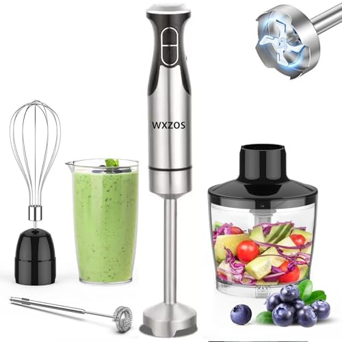 WXZOS Immersion Blender Handheld, 1500W 5 in 1 Hand Blender Stainless Steel 6-Blade, Stick Blender Electric, Immersion Blender with 550ml Mixing Beaker, 600ml Chopper, Egg Whisk, Whisk, Frother, Black