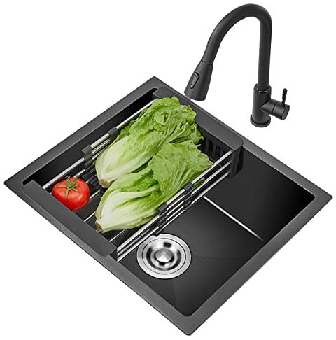 LDTTYRC Einzelspüle für die Küche, Schwarze handgefertigte Spüle, Einzelspüle, Unterbauwaschbecken, Waschbecken aus Edelstahl 304, Barspüle, Küchenspülen (Farbe: Schwarz, Größe: 38 x 30 cm)