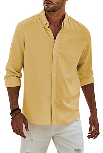 Elegancity Camisa de Lino Manga Larga para Hombre Camisas Informales de Verano Camisa Suelta de Ocio de Color Sólido con Botónes Top，Giallo XXL