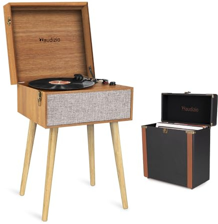 Audizio Fremont Retro Record Player with Legs, Teak Finish, Vinyl Case | Bluetooth in/out, USB vinyl-to-PC recording, built-in speakers, RCA output