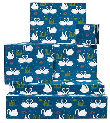 Jubiläums-Geschenkpapier – Verliebte Schwäne – Herzen – 6 Blatt Valentinstag Geschenkpapier – für Männer und Frauen – Hochzeit – mit Aufklebern – von Central 23