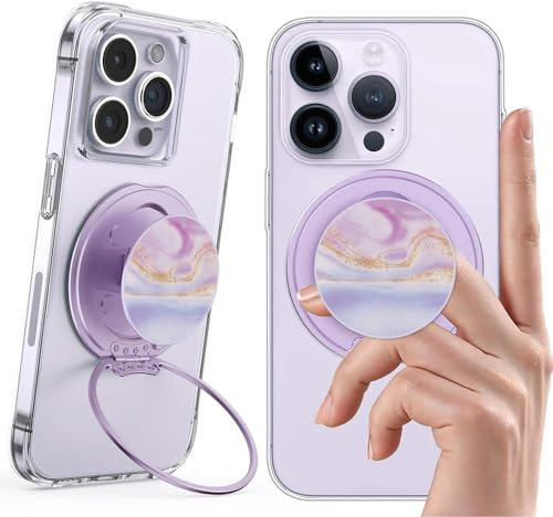 Plehood Magnetic Phone Ring Grip，Wireless Charger Compatible，Ultra Thin Phone Kickstand with Finger Loop Strap, Lightweight Phone Ring Holder for Mag Safe iPhone 16/15/14/13/12 Series (Purple Marble)
