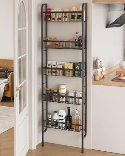 UMDONX Narrow Metal Storage Shelf, 5 Tier Bathroom Rack Organiser, Kitchen Behind Door Slim Shelving Unit Multifunctional (Black 9.5cm Width)