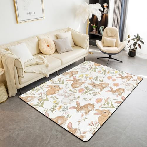 Loussiesd Kinder Kaninchen Teppich 100x150cm Floral Bunny Modern Teppich Jungen Mädchen Schlafzimmer Zimmer Dekor, Lovely Farm Tier Girly Wohnzimmerteppich Nettes Kaninchen Küchenteppich