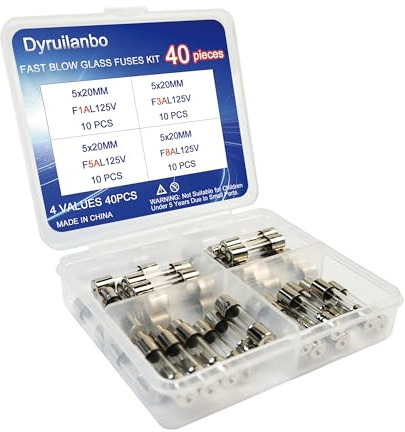 0.2x0.78Inches Mini Fuse 125V 1A 3A 5A 8A amp 5x20mm Fast-Blow Glass Fuses Assortment Kit for String Lights（4 Values 40PCS Fast-Acting）
