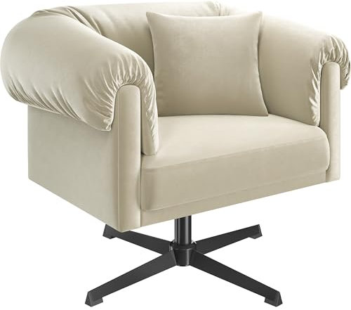 Yaheetech Swivel Velvet Armchair with Pillow, Modern Upholstered Accent Chair for Living Room, Comfy Cozy Single Sofa Chair for Bedroom/Reading Spaces, Beige