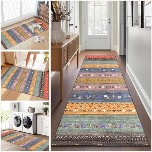 Ruxevnsy Alfombra multicolor geométrica/abstracta de pasillo, 40 x 60 cm, poliéster, goma, 7 mm de altura, tejida a máquina, apta para interiores y exteriores, resistente a las manchas, lavable a