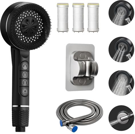 Duschkopf mit Filter, Hochdruck Handbrause mit Schlauch, 4 Strahlarten Duschkopf Wassersparend mit Stoppfunktion, Sparduschkopf mit Antikalk-Funktion,für Entfernen vom Rest-Chlor, harten Wasser