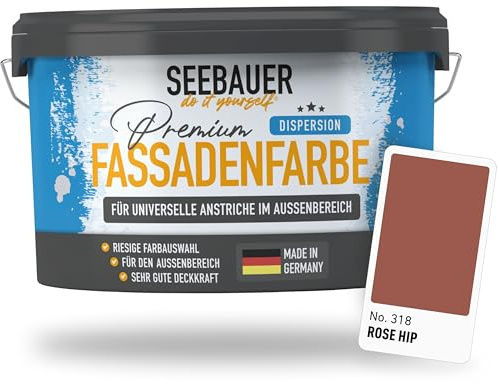 SEEBAUER diy Universal-Fassadenfarbe Rot 10L für Außen (No. 318 Rose Hip) Hoch deckende Fassadenfarbe mit Wetterschutz - Geeignet für Putz, Mauerwerk und Beton