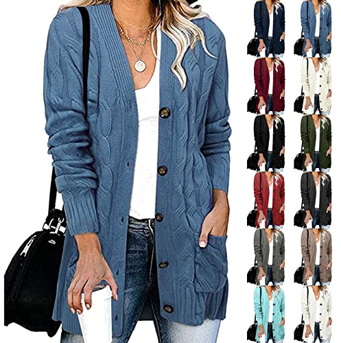 Generisch Strickjacke Damen Lang Grobstrick, Grobstrickjacke Damen Oversize Cardigan V Ausschnitt Sweater Mit Knöpfen Strickmantel Mit Taschen Locker Strickjacken Große Größen Pullover Casual Mantel