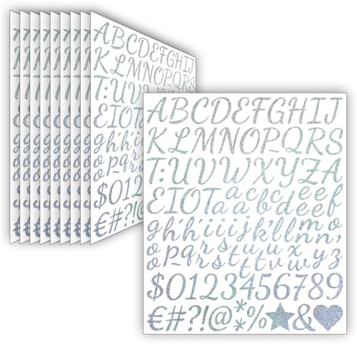 10 Blätter Glitzer Buchstaben Aufkleber (2.5 cm),1050 Stücke Selbstklebende Aufkleber Vinyl Buchstaben Zahlen,Wasserfester Sticker für Postfach,Scrapbooking,Adressnummer,DIY Handwerk (Silber)