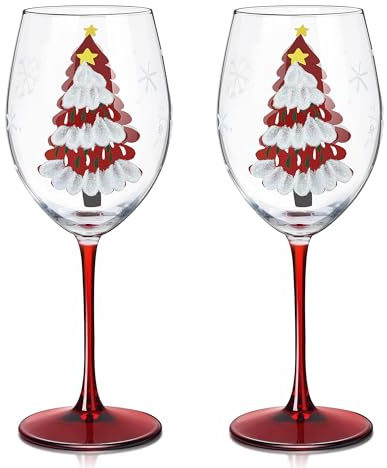 Joeyan 580ml Weihnachtsgläser,Kristall Weinglas Weihnachten, Weihnachtsgeschirr Set of 2, Weißweingläser mit Hand Bemalt Rot Weihnachtsbaum Schneeflocken, Geschenk für eltern schwiegereltern Familie