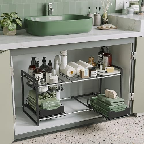 NETEL ausziehbar küchenschrank Organizer,Badezimmer unterschrank Organizer,küchenregal arbeitsplatte,küchenorganizer zum ausziehen,Breite verstellbar (78.5-88cm), Höhenverstellbar, Schwarz