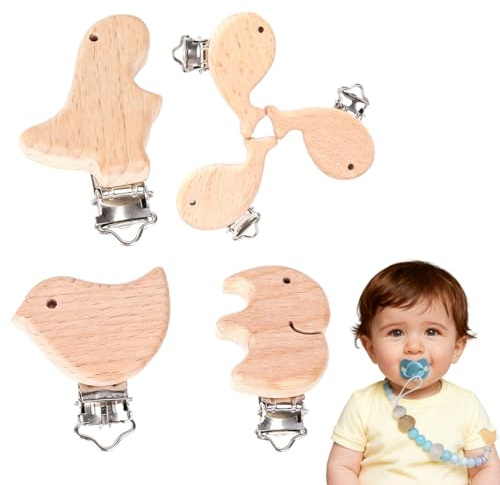 UIEXAY 4Pcs Schnullerclip Holz Natur, Holzclip Für Schnullerkette Verschluss, Natürliche Holzclips Für Schnullerketten, Baby Nuckelclip Mit Tiermotiven, Metallverschluss, Sicher Und Ungiftig(B)