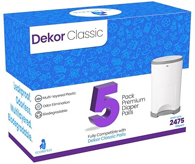 ECO-REFILLS Diaper Pail Refills - Fits Dekor CLASSIC Extra Thick, Powerful Odor Elimination & Fresh Powder Scent | Easy to Replace and Dispose of Diaper Bag (5)