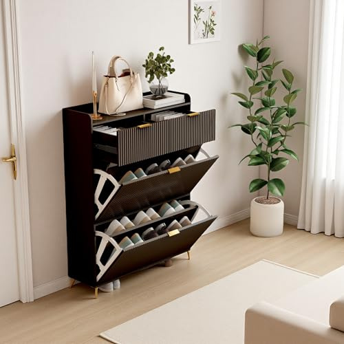 MEXUS Schuhschrank mit 2 Klappen und 2 Schubladen, 80x24x110 cm, Schuhkipper Schmal mit Ablageflächen Verstellbar, Schuhkommode, Schuhregal für Eingang, Flur, Wohn (Schwarz)