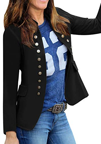 Roskiky Chaqueta de traje casual lisa para mujer con frente abierto, cuello alto y botones, blazer de trabajo, Negro, S