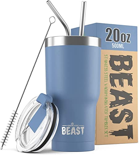 Beast Tumbler - 550 ml (20 oz), Blue | Reusable Stainless Steel, Vacuum Insulated Cup | with + 2 Straws & Cleaning Brush | Double Wall Travel Flask Perfect for Hot or Iced Coffee | BPA Free