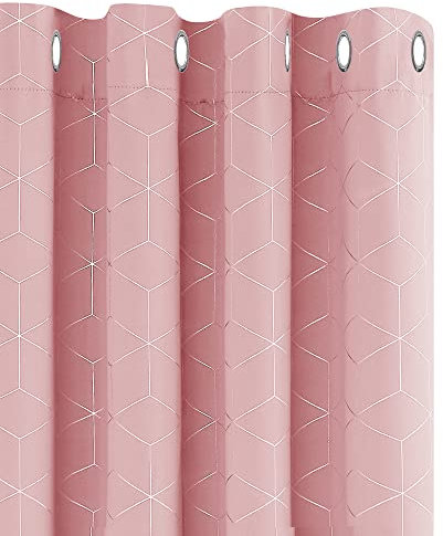 Deconovo Set mit 2 Vorhängen, wärmeisoliert, Blickdicht, mit Ösen, mit silbernem Motiv, 117 x 183 cm, Kälteschutz, für Schlafzimmer, Wohnzimmer, Korallenrosa
