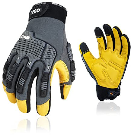 Vgo... Gants de travail en cuir, gants de mécanicien, gants de sécurité,anti-vibration, résistant à l'eauréduction des chocs et des vibrations (CA7725IP,Gris,10/XL,1Paire)