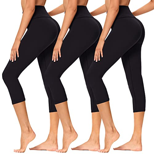 TNNZEET 3er Pack Capri Leggings Damen 3/4 für Sport, 7/8 Leggins High Waist Hose Sporthose für Gym Yoga(Schwarz/Schwarz/Schwarz,S-M)