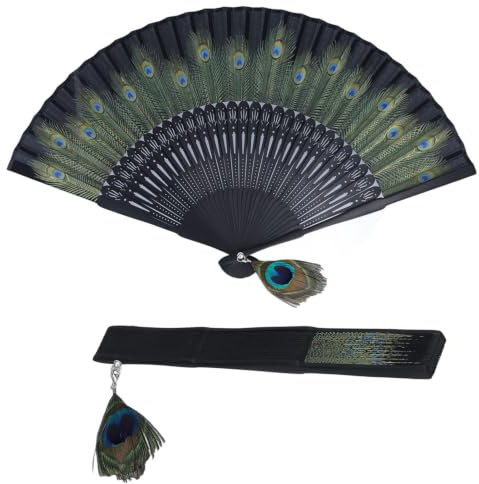 Cyrank Hand Fan Folding,Hand Fan Folding Fan with Tassel,Japanese Chinese Fan Folding Fan,Black Peacock Hand Folding Fan Handheld Foldable Fan Decorative Hand Fans for Wall Decoration Party Decor