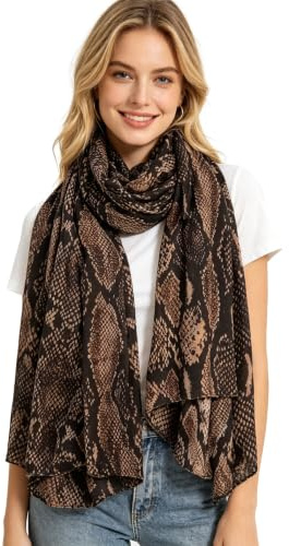 Lina & Lily Snake Print Women's Long Scarf Shawl Wrap Lightweight (Black, Brown)