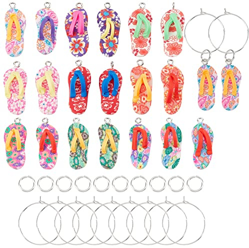 SUNNYCLUE 1 Box 40 Stück Weinglas-Anhänger DIY Polymer Clay Flip Flops Drink Charm Markers Random Wine Tags Glasses With Wine Glass Rings For Holiday Birthday Beach Accessories Party Favors