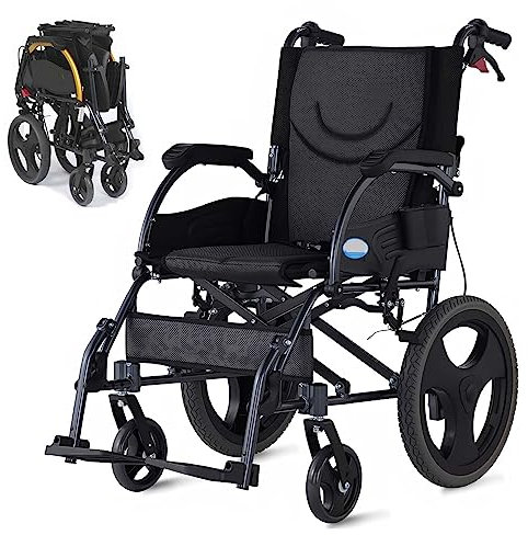 Bueuwe Ultraleichter Rollstuhl Faltbar Leicht Reiserollstuhl mit Trommelbremse, Schmaler Rollstuhl für Wohnung, Transportrollstühle, Klappbare Rückenlehne, Sitzbreite 46 cm, Leichtgewicht