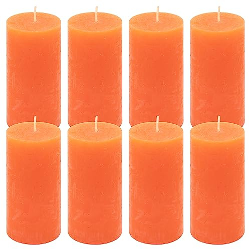 Rustik-Kerze Höhe 10 cm Ø 5 cm lange Brenndauer Rund-Kerze Säulenkerzen Kerzen-Deko Tafelkerzen Weihnachts-Kerzen Hochzeits-Deko (orange, 8)