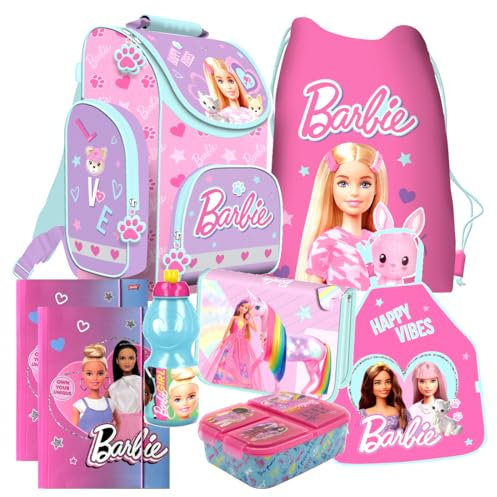 Barbie Mattel Schulranzen 8 Teile Set Ranzen Tornister mit Sticker-von-Kids4shop Tasche Federmappe Puppen Motiv