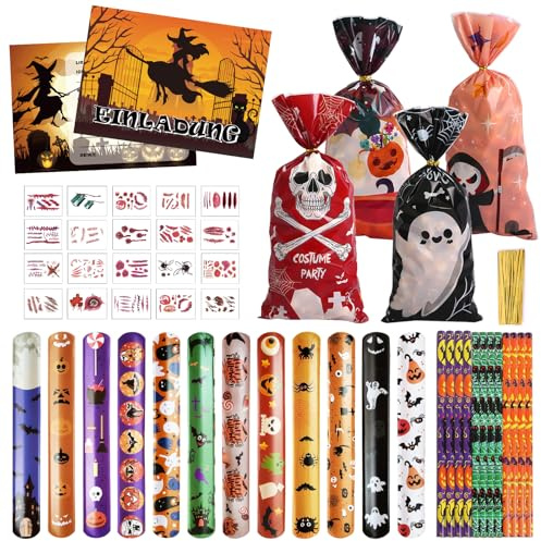 KOIROI Halloween Mitgebsel Kinder, 68 Stück Halloween Party Mitgebsel, Halloweens Gastgeschenke Give Aways Kinder mit Bleistifte Geschenk Tüten Slap Armbänder Einladungskarten Temporäre Tattoos