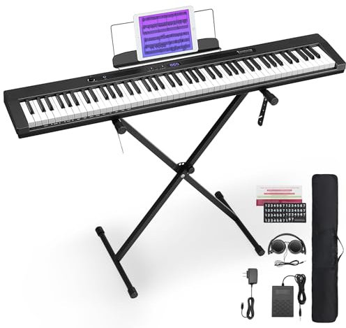 Starfavor Piano Keyboard 88 Keys Full-size, Semi Weighted Key Bluetooth MIDI Digital Piano, Chargeable Portable Electronic Keyboard with Piano Stand, Sustain Pedal, Carrying Bag, SP-88S Black