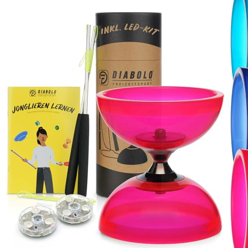 Diabolo Freizeitsport Jonglier-Set Pro Clear (rot) mit LED-Kit für LED Lichteffekte – inkl. Handsticks, Ersatzschnur (160cm) und Gedruckter Anleitung
