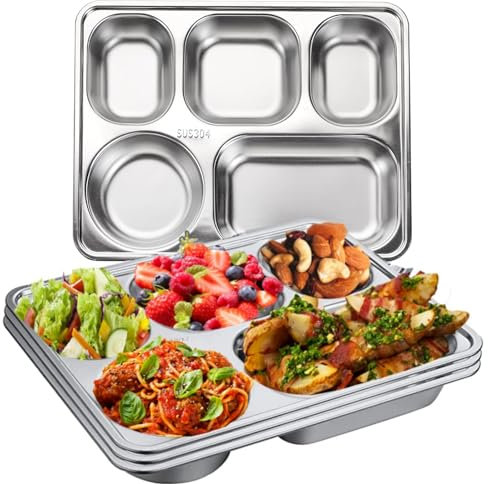 Paquete de 3 platos de cena divididos de acero inoxidable, plato de servir aperitivos con 5 compartimentos, bandejas de comida de metal para niños, adultos quisquillosos, campistas, control de