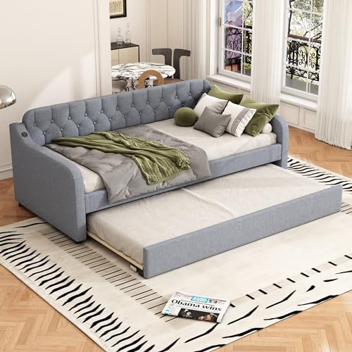 Idemon Divano letto 90x200cm con letto ribaltabile e porta USB (grigio, senza materasso), divano letto con superficie di riposo rimovibile – Moderno design 2 in 1 con pratica porta USB